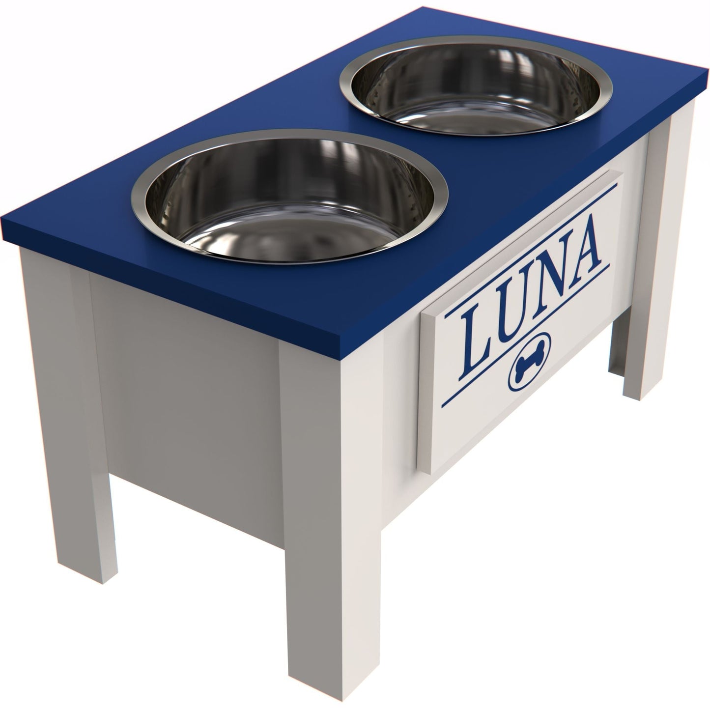Personalized Elevated Dog Bowl in BLUE - GrooveThis Woodshop - GT002BLUE-L