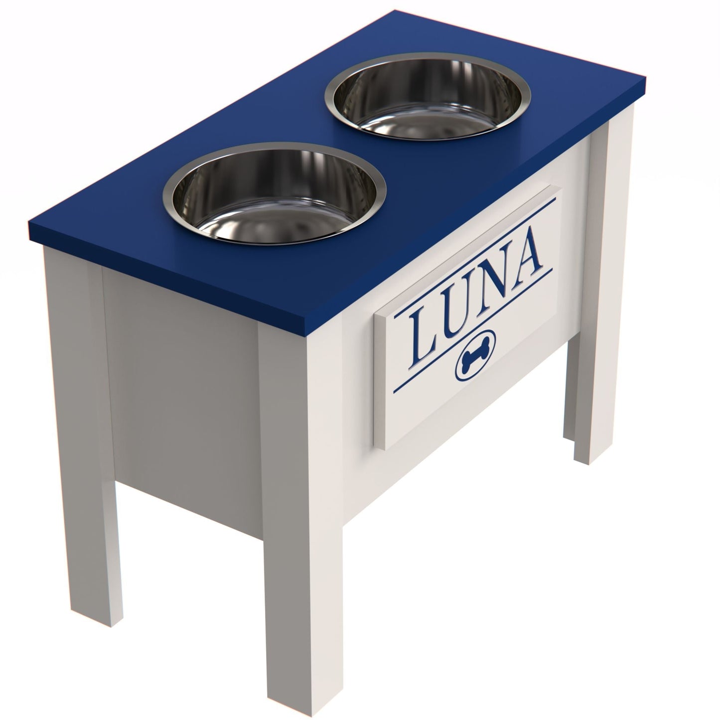 Personalized Elevated Dog Bowl in BLUE - GrooveThis Woodshop - GT002BLUE-XL