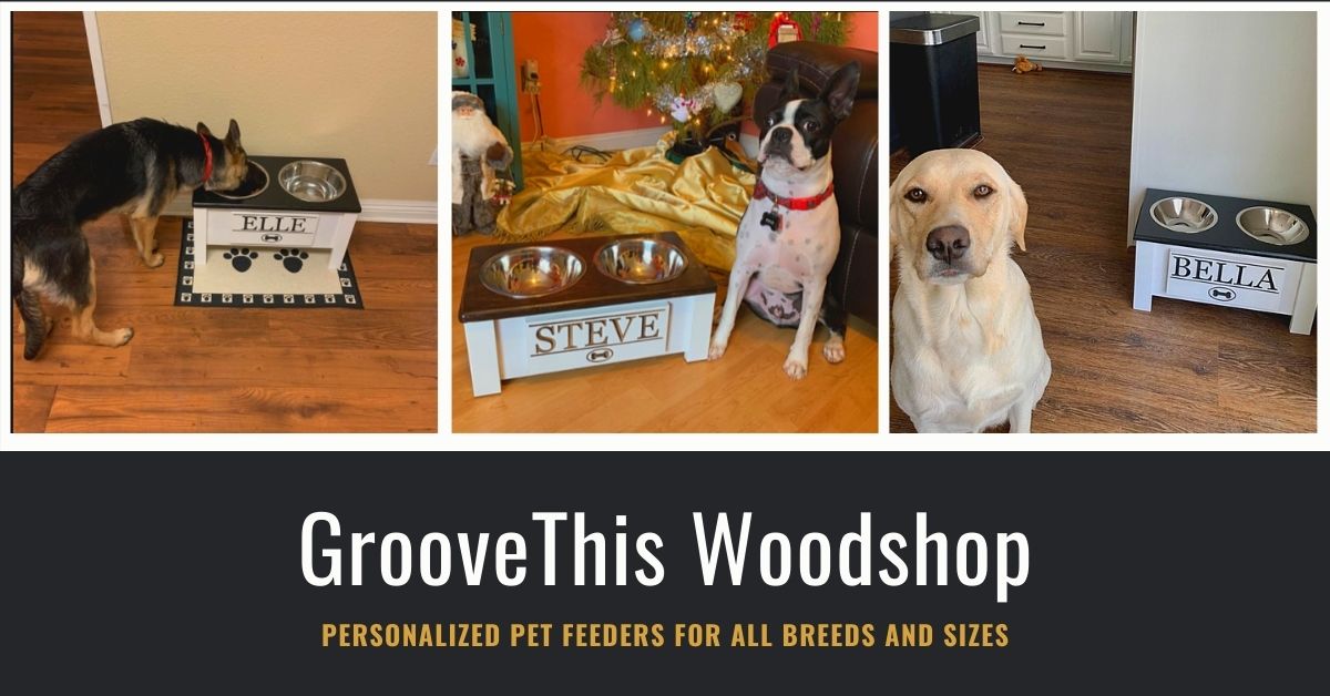 GrooveThis Woodshop Personalized Elevated Dog Feeder Station with Internal Storage, Brown, Large