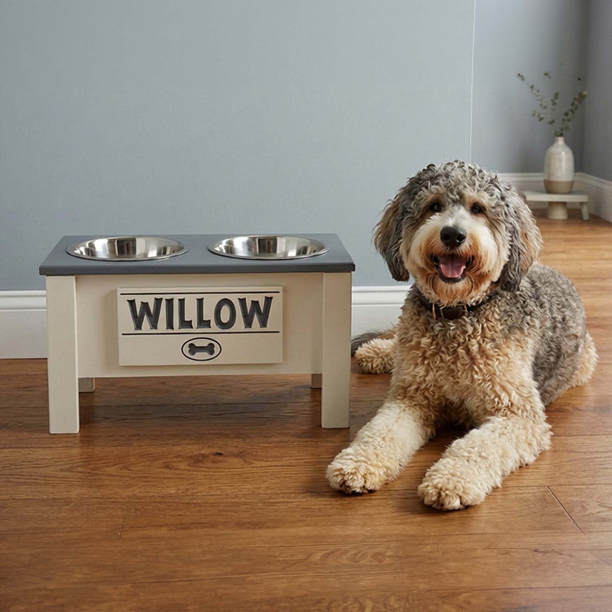 Personalized Elevated Dog Bowl Stand with Storage