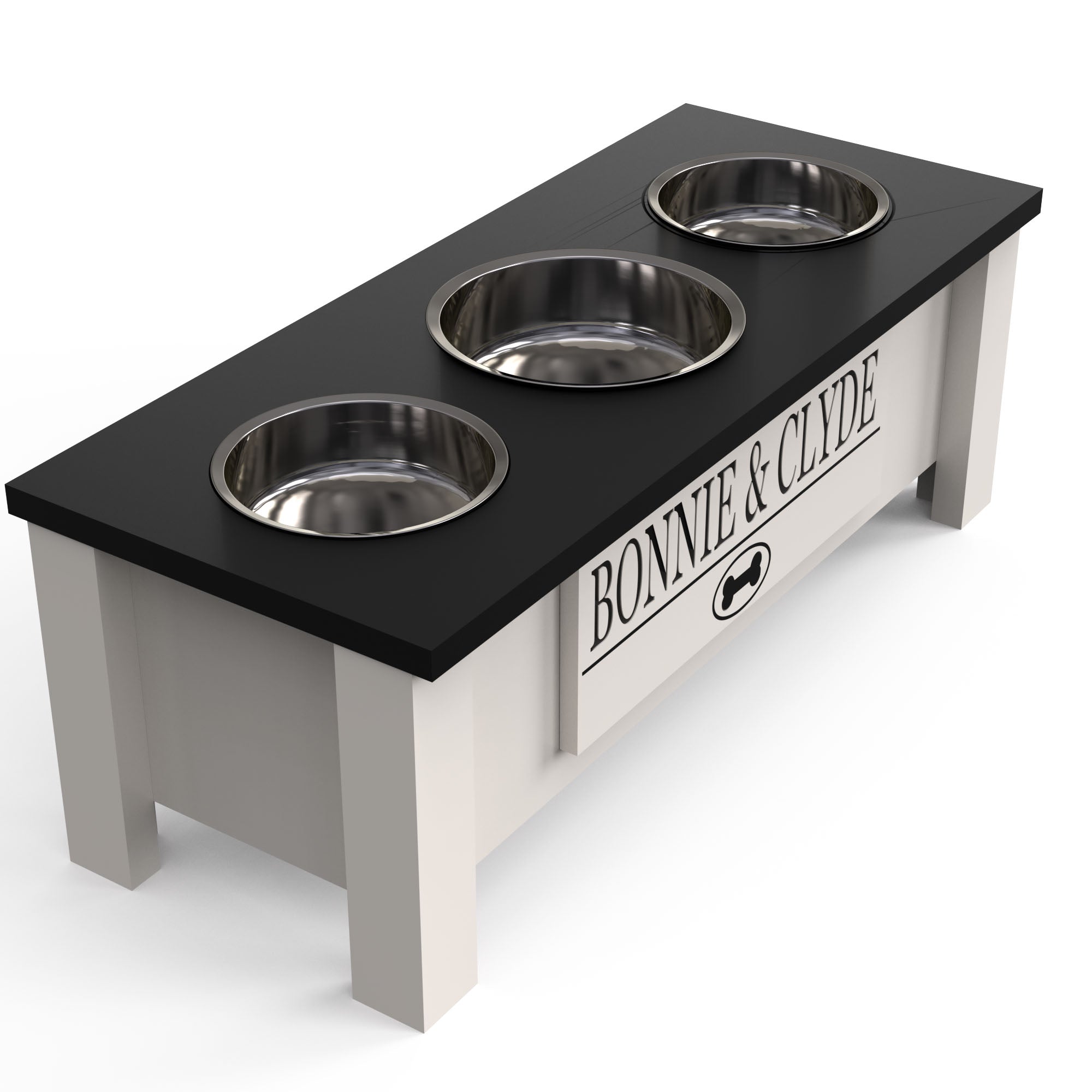 Personalized 3-Bowl Dog Feeder Station with Storage | Wood Stand