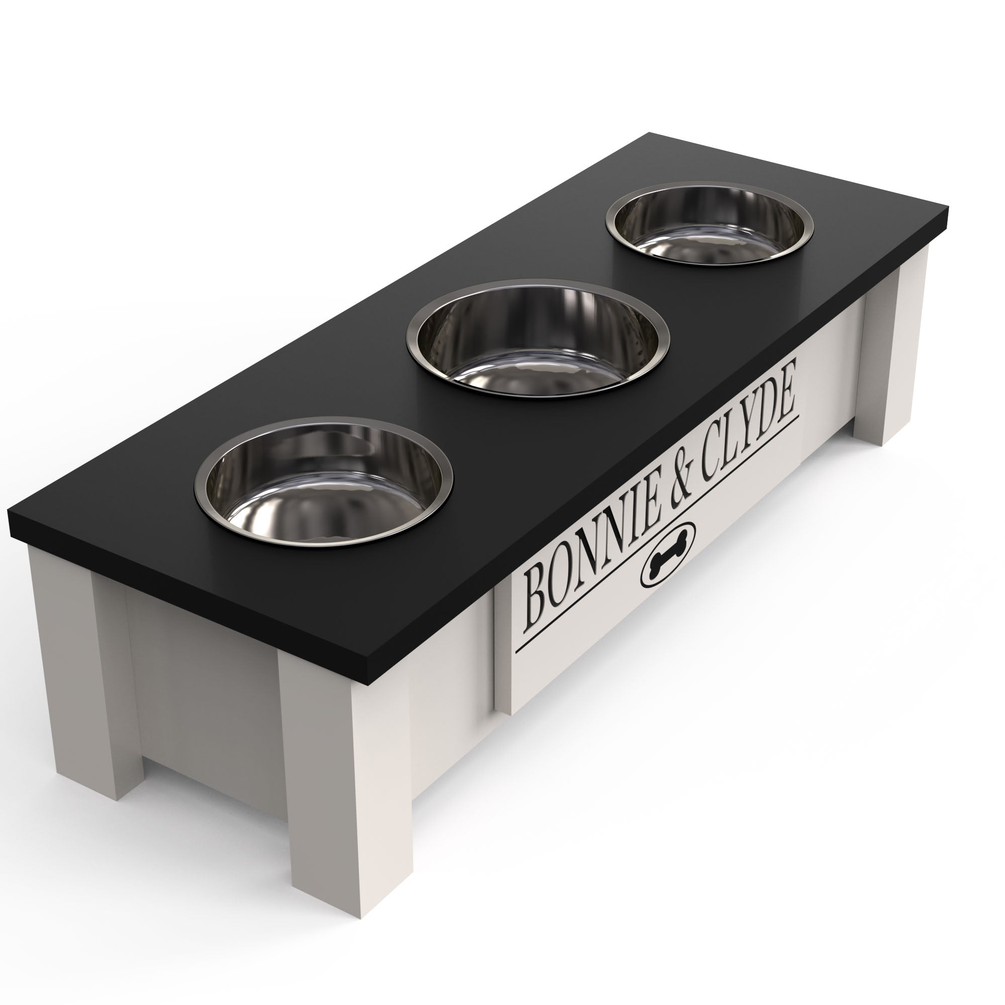 Personalized 3-Bowl Dog Feeder Station with Storage | Wood Stand