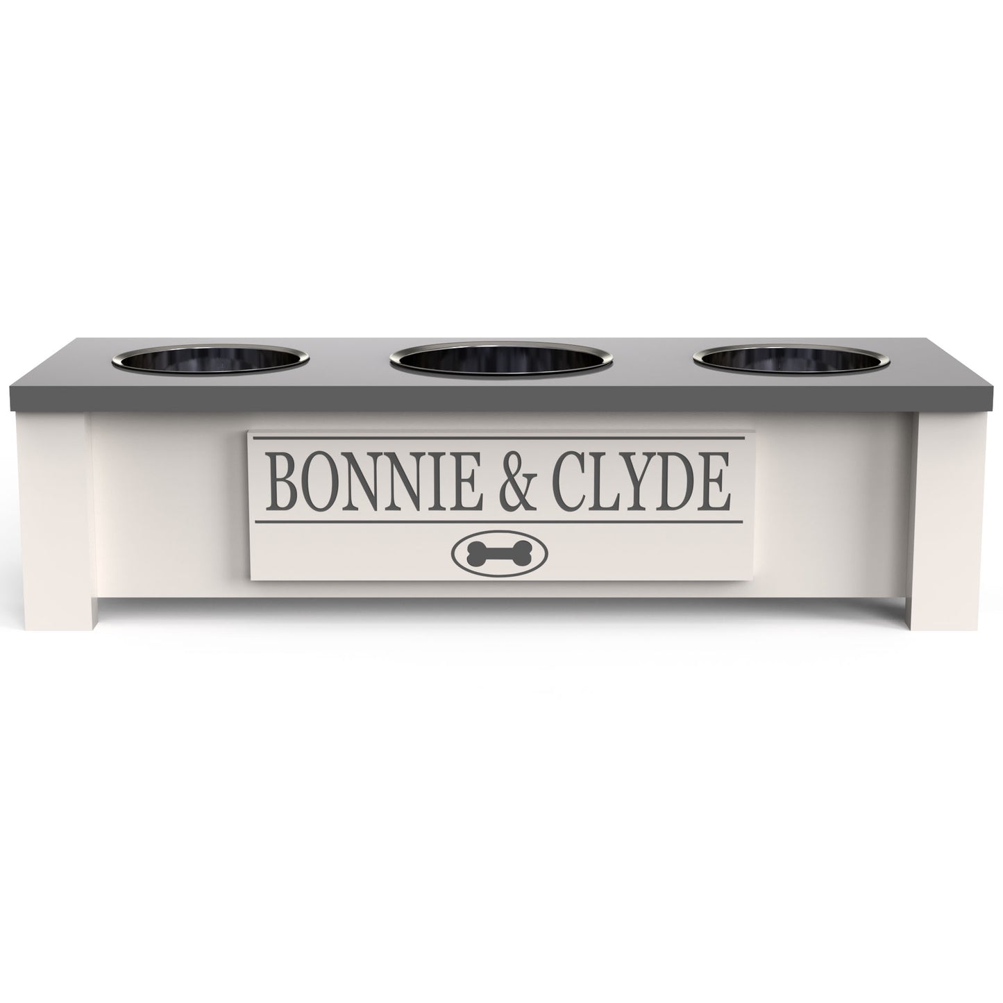Dog feeding station with 'Bonnie & Clyde' branding on a white background