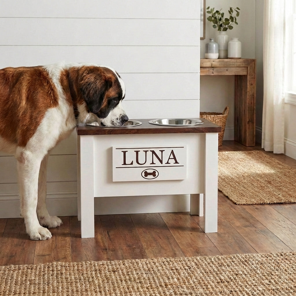 Personalized Elevated Dog Bowl Stand with Storage
