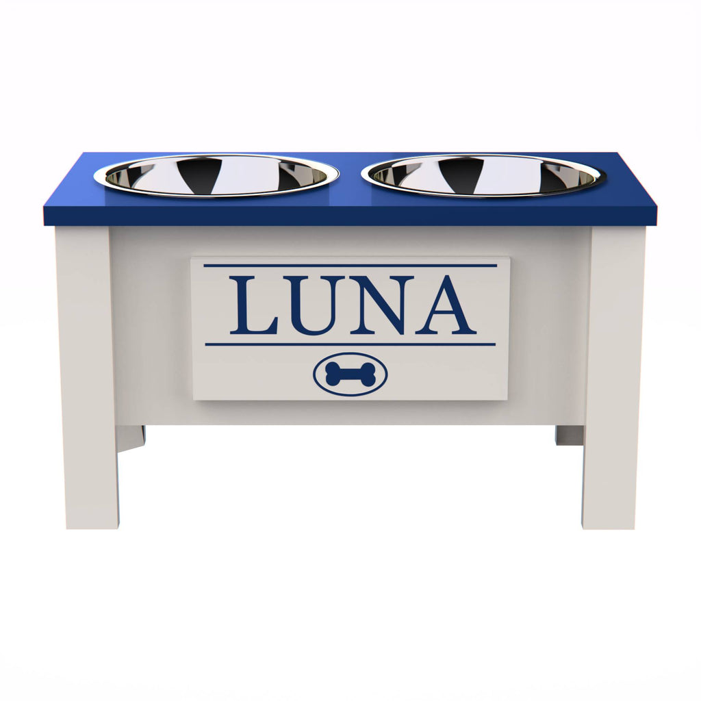 Personalized Elevated Dog Bowl in Blue - GrooveThis Woodshop - GT002BLUE-L