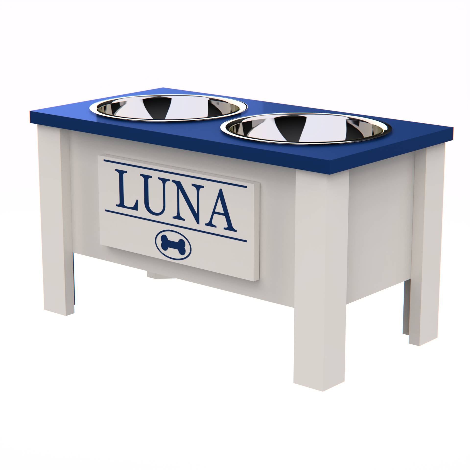 Personalized Elevated Dog Bowl in Blue - GrooveThis Woodshop - GT002BLUE-L