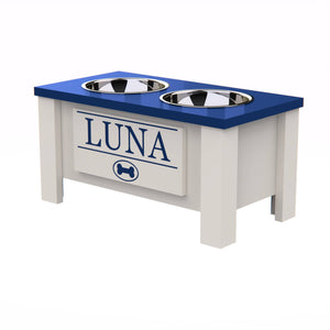 Personalized Elevated Dog Bowl Stand with Internal Storage - Blue